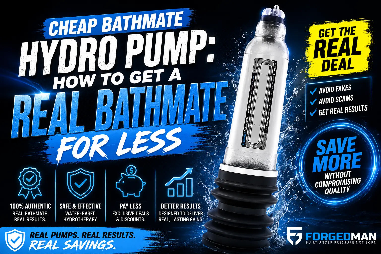 Cheap Bathmate hydro pump guide showing how to buy a real Bathmate for less and avoid counterfeit penis pumps