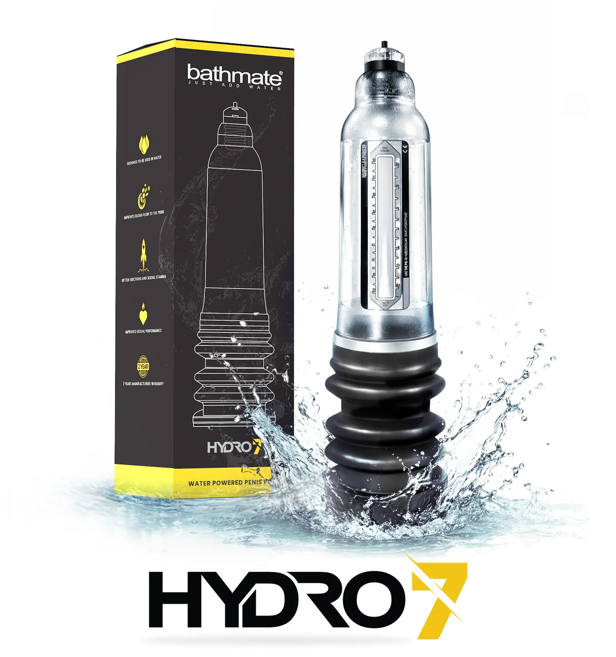 Bathmate Hydro7 penis pump with retail box, splash effect and logo