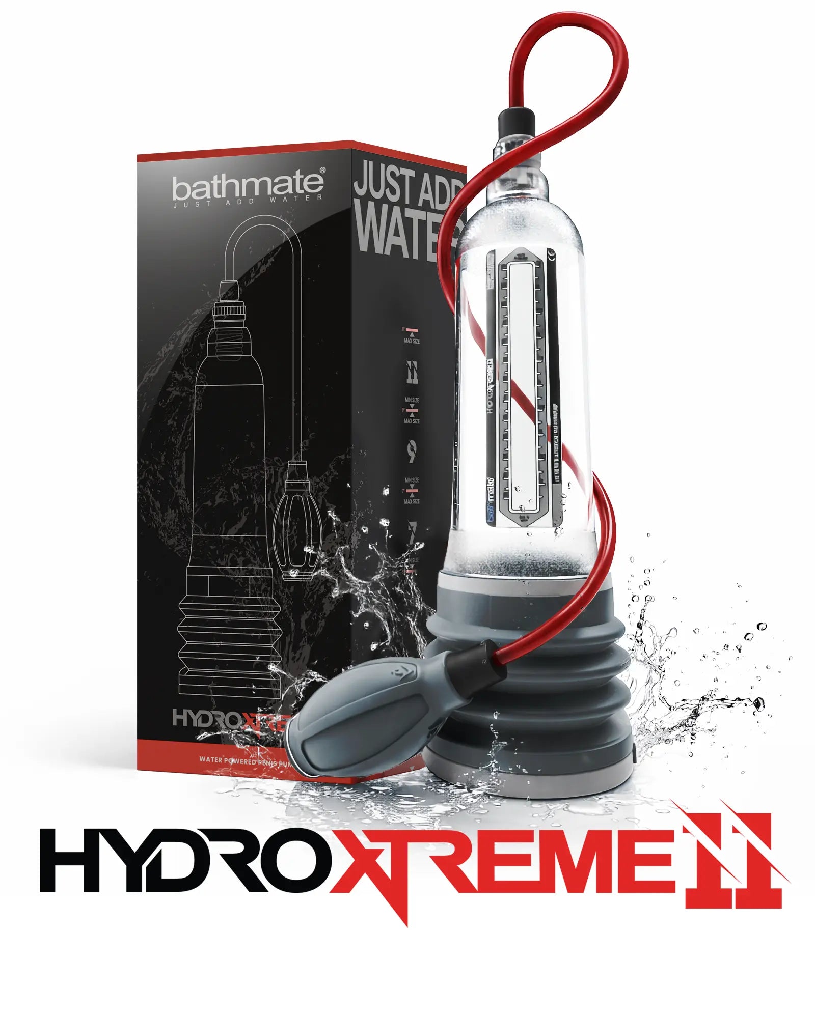 Bathmate HydroXtreme11 water based penis pump with retail packaging and splash effect