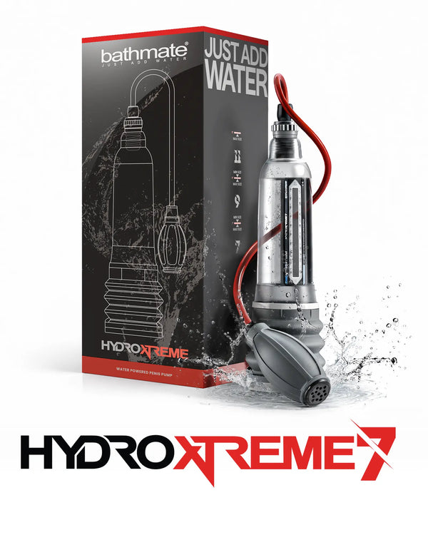 Bathmate HydroXtreme7 water based penis pump with retail packaging and splash effect