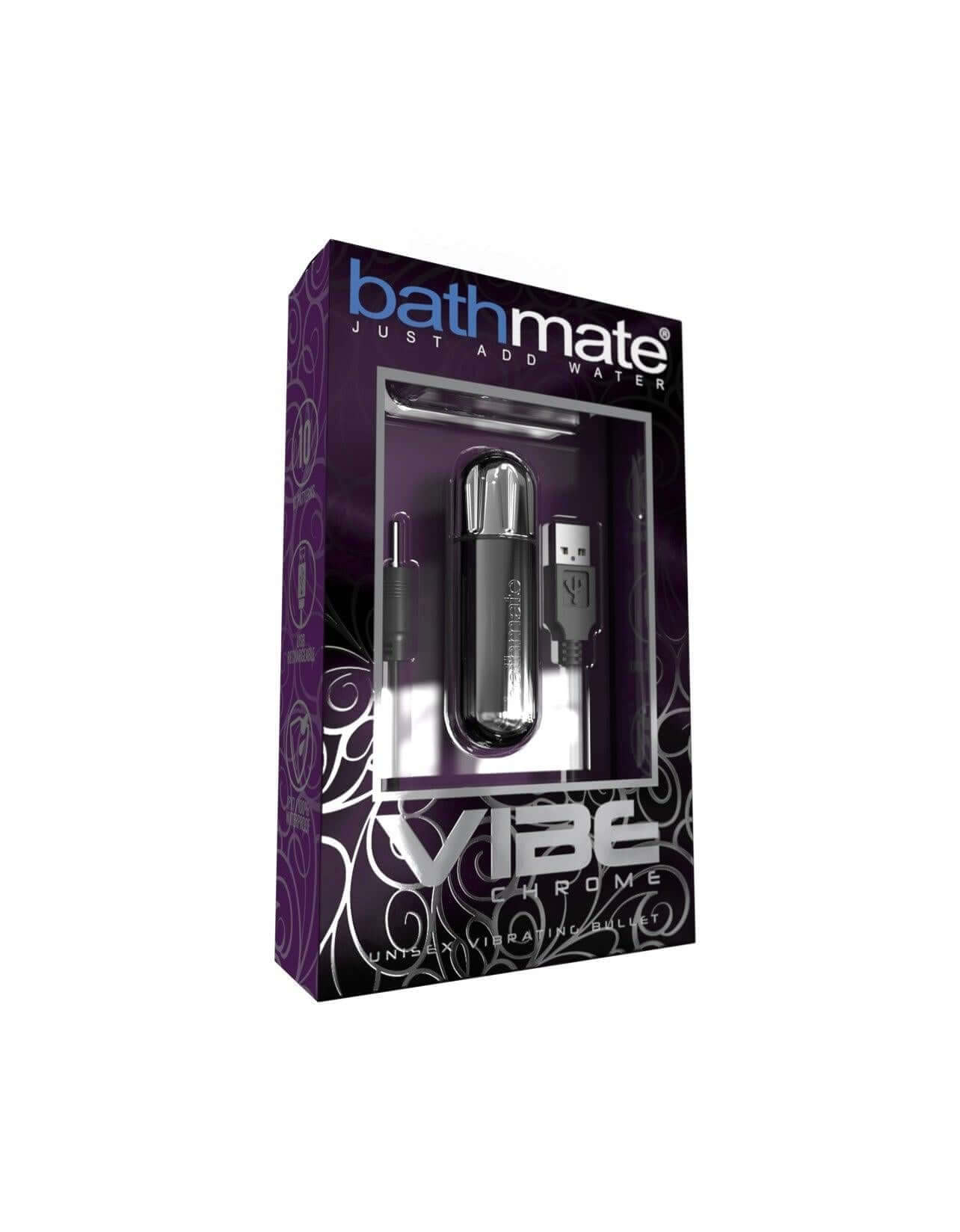 Bathmate Vibe Bullet Vibrator packaging showcasing the sleek design and USB charger for adults, ideal for targeted stimulation.